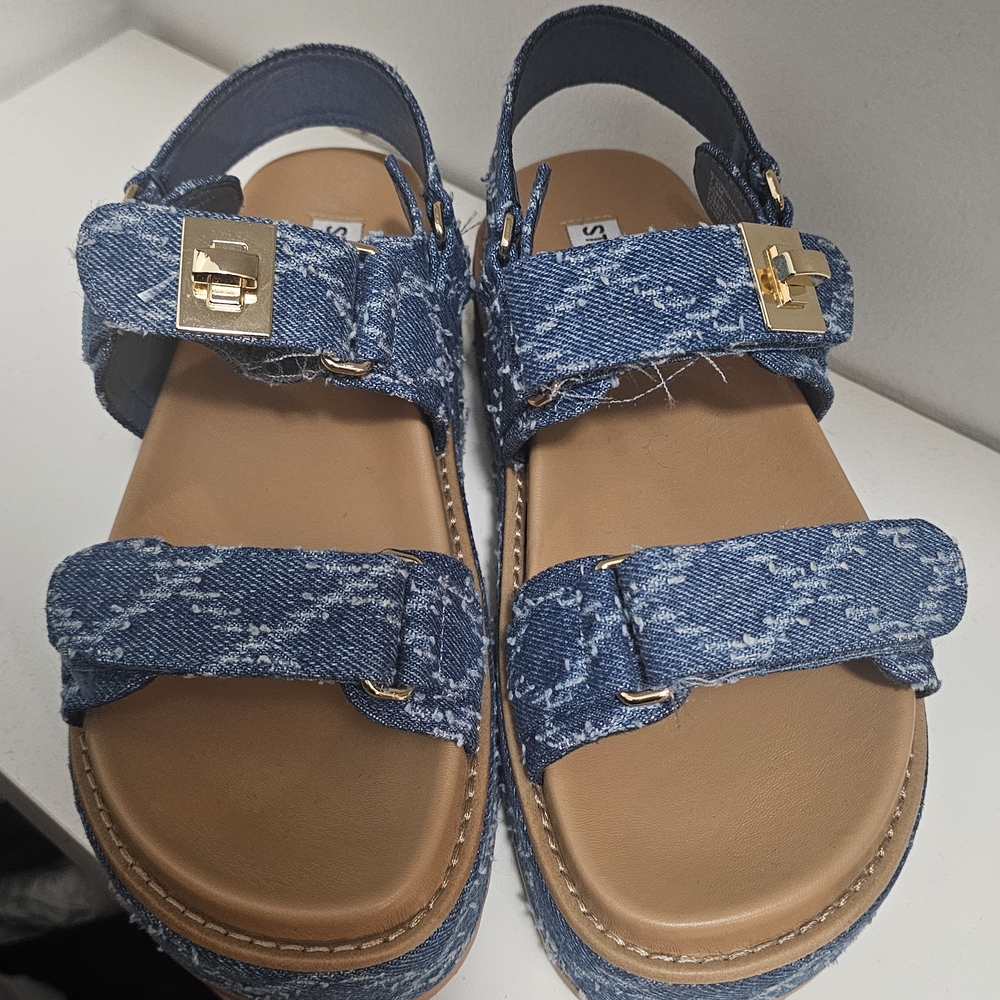 Steve Madden Platform Blue Denim Sandals with Gold Buckles